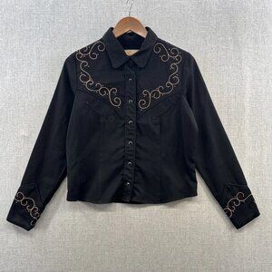 Scully Western Shirt Womens Small Crop Black Cross Embroidered Long Sleeve Snap